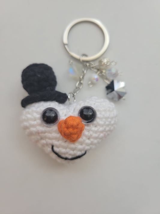 Crochet Snowman Heart Keychain